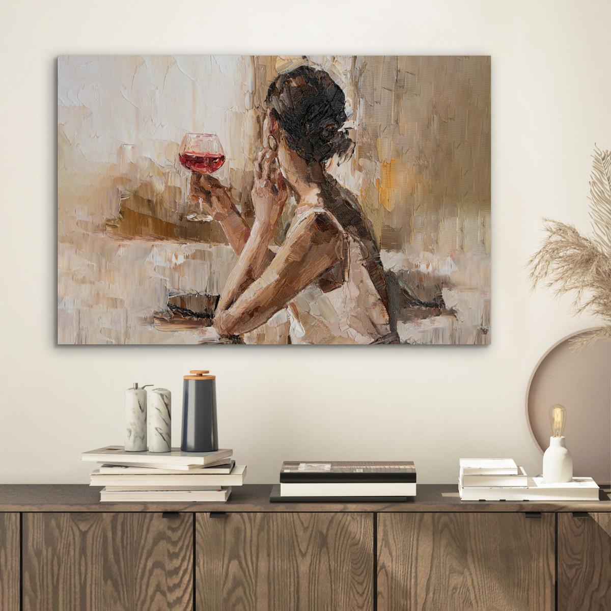 METALLBILD Ölgemälde - Frau - Wein Wandbild 60x40 cm - Hellbraun, Metall (60/40cm) - MuchoWow