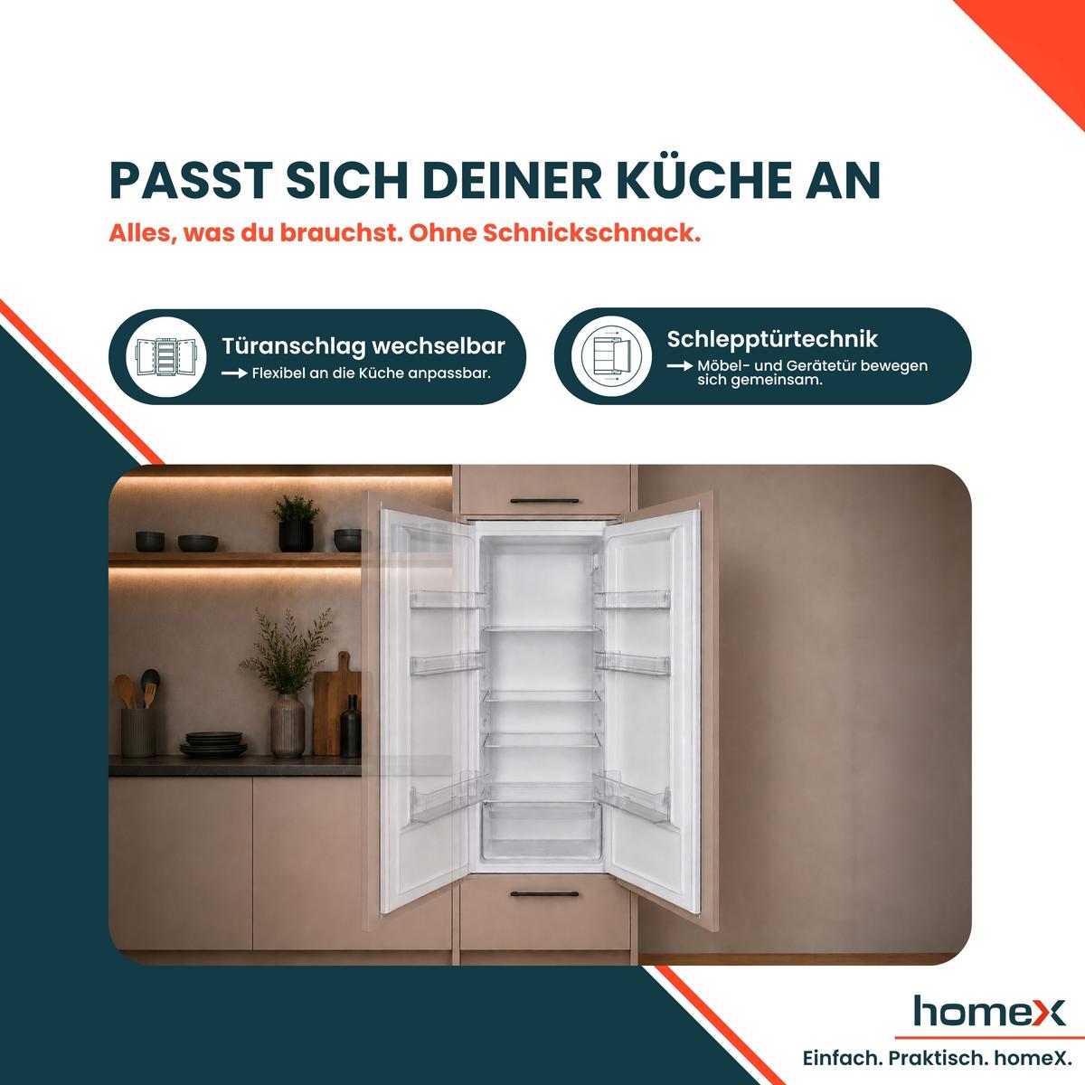 KÜHLSCHRANK Einbau, ohne Gefrierfach, 122cm Nische, 199 Liter, Schlepptürtechnik, 39 dB, CB1991E - Weiß, Glas/Kunststoff (54/123/54cm) - homeX