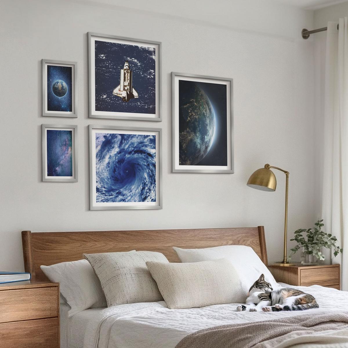 BILDER SET 5er Set - 50x50 cm & 20x30 cm & 40x60 cm Silberner Rahmen - Erde Weltraumsturm Galaxie - Silberfarben, Kunststoff (40/60cm) - TULUP