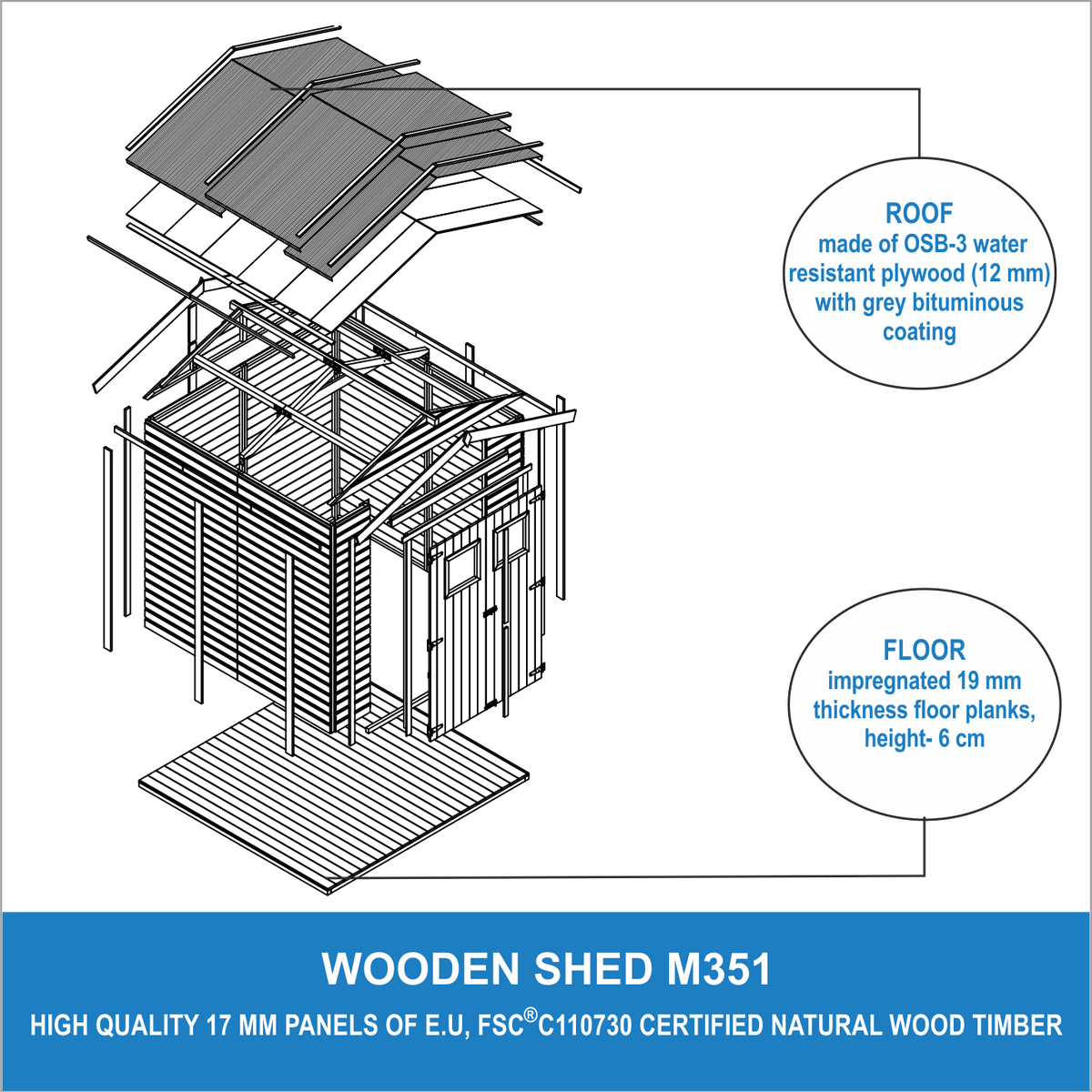 HOLZ GARTENSCHUPPEN MIT IMPRÄGNIERTEM BODEN - H228x222x233 cm/4,2 m² - M351+M351G - Beige, Holz (233/234/199cm) - Timbela