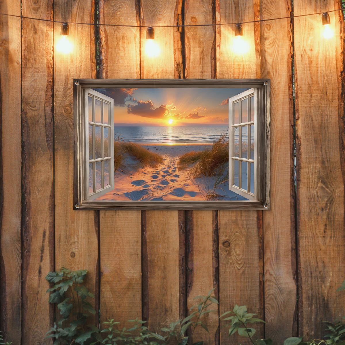 GARTENPOSTER Durchblick - Strand - Dünen - Sonnenuntergang Gartendeko 90x60 cm - Orange, Kunststoff (90/60/0.2cm) - OnlyWow