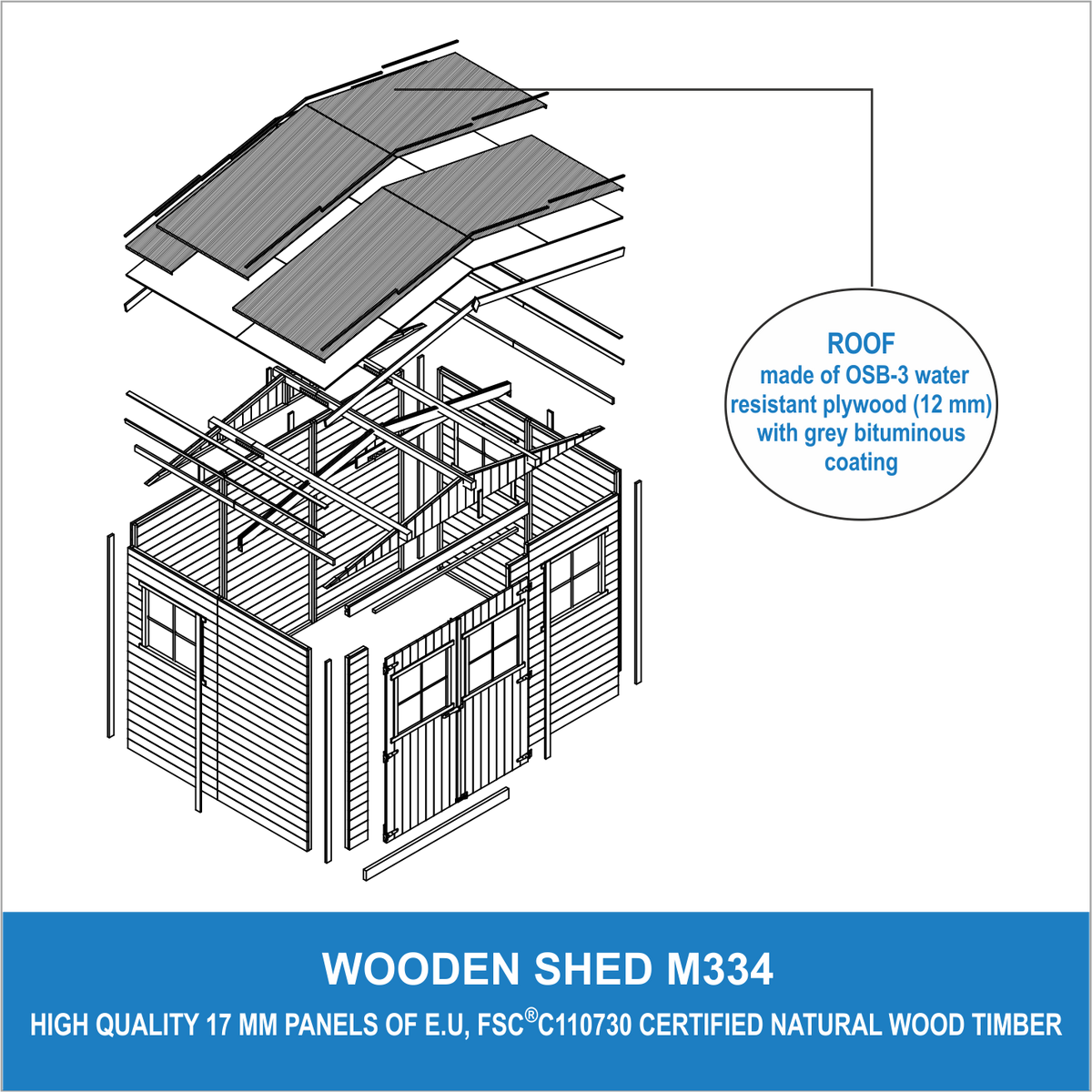 M334 GARTENHAUS HOLZ mit Fenstern - H226x324x216 cm/6 m² - Beige, Holz (324/226/199cm) - Timbela