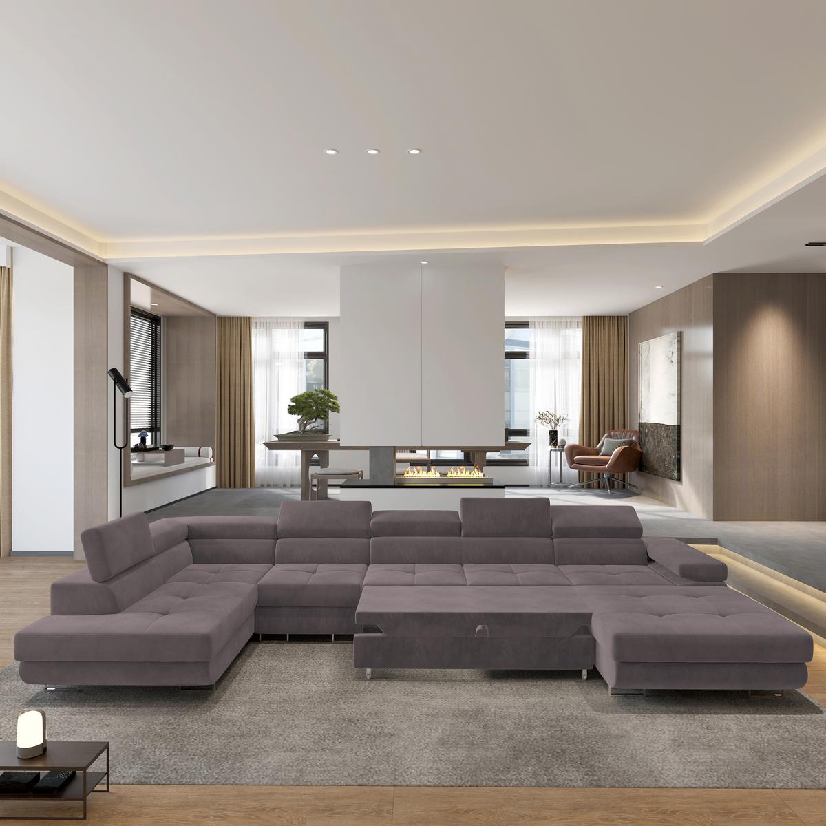 WOHNLANDSCHAFT VELORA L-S Lila Velours-Stoff mit Schlaffunktion - Lila, Holz (419/90/202cm) - MASSENO