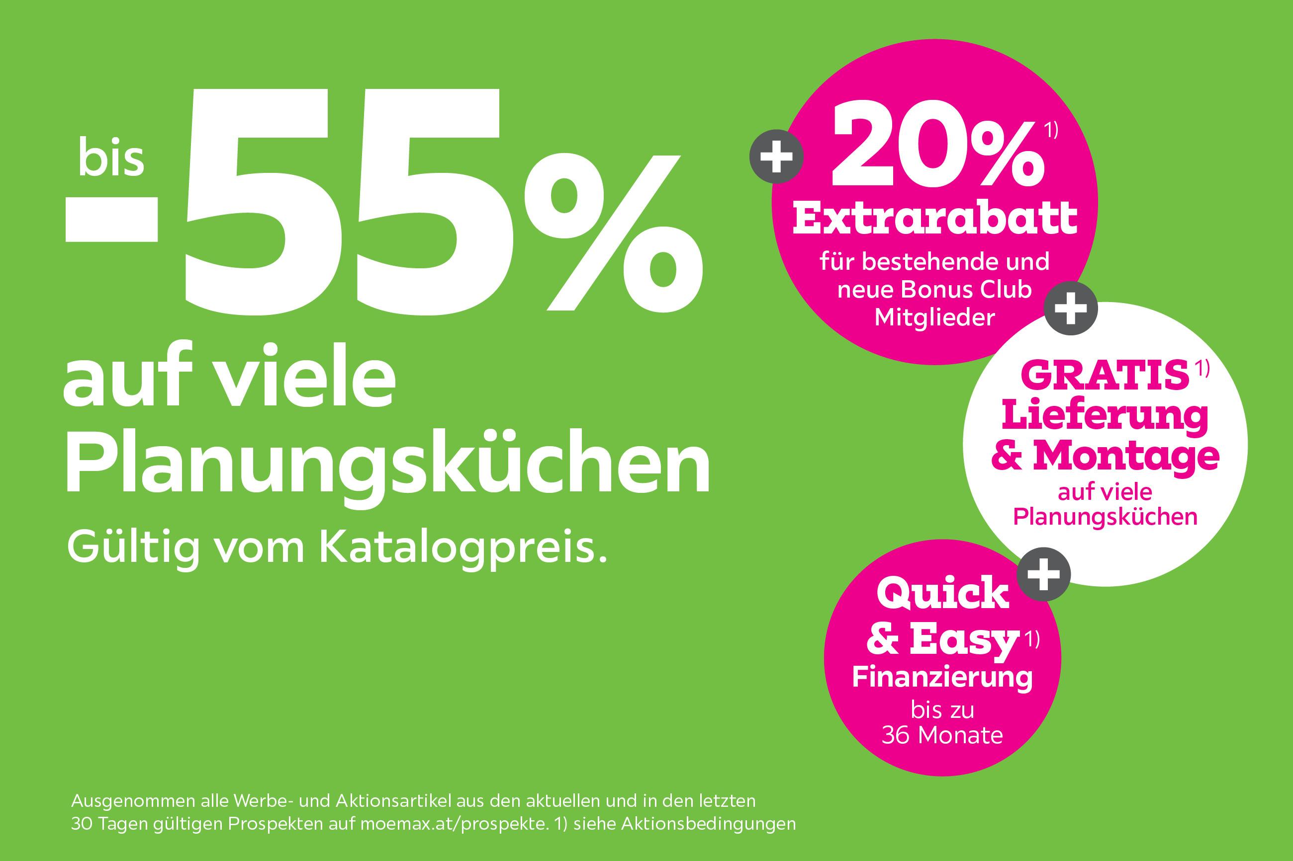 bis -55% auf viele Planungsküchen + 20% Extrarabatt für bestehende und neue Bonus Club Mitglieder  + Gratis Lieferung & Montage auf viele Planungsküchen