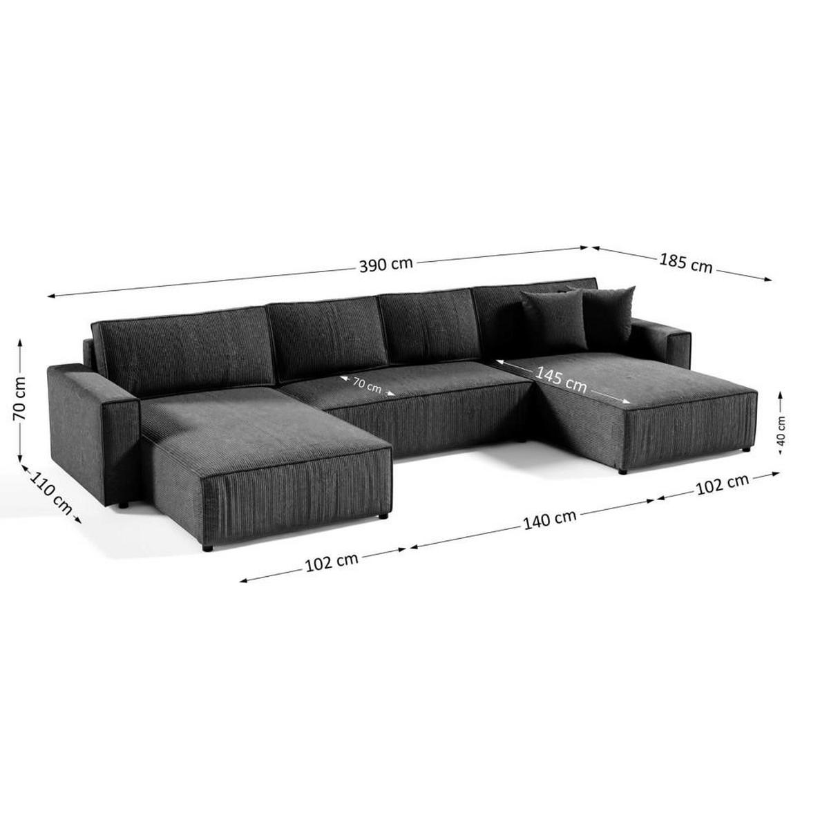WOHNLANDSCHAFT Parys U mit Schlaffunktion dunkelgrau - Dunkelgrau/Schwarz, Kunststoff/Textil (390/70/185cm) - Beautysofa