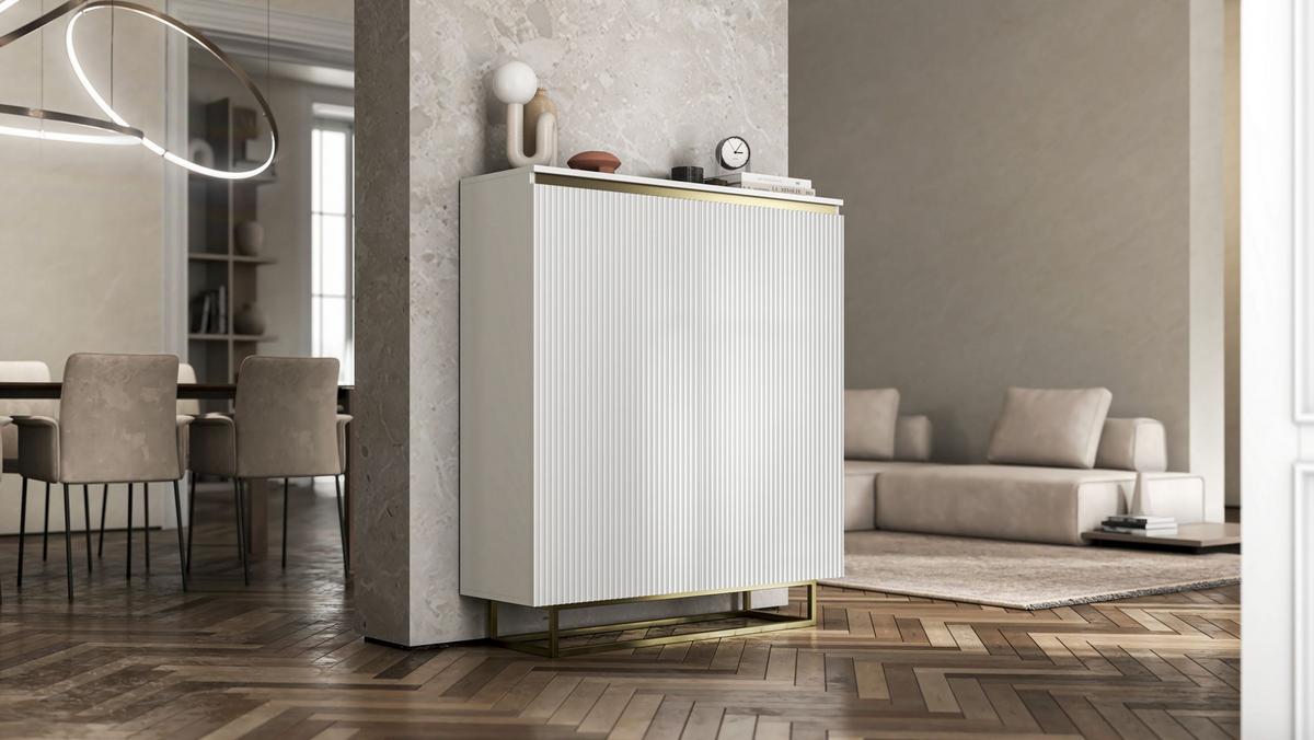 HIGHBOARD Selene 2D Weiß Matt 111 cm goldfarbener Rahmen - Goldfarben/Weiß, Holzwerkstoff/Metall (111/125/35cm) - Meble Lindner