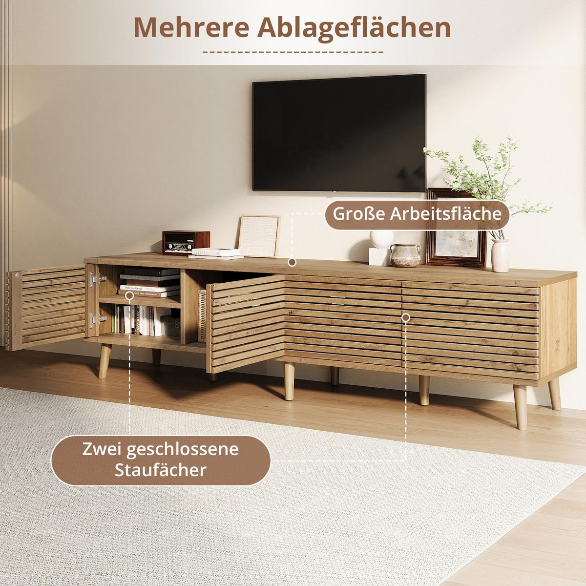 TV-LOWBOARD Holzoptik 180cm mit 4 Lamellentüren für TVs bis 75 Zoll - Naturfarben, Holzwerkstoff (180/46/40cm) - Urban Meuble
