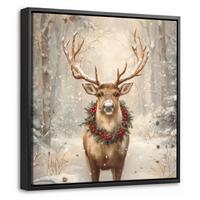 LEINWAND Bilder mit Rahmen - Weihnachten - Rentier - Winter - Kranz - 20x20 - Naturfarben, Textil (20/20cm) - MuchoWow