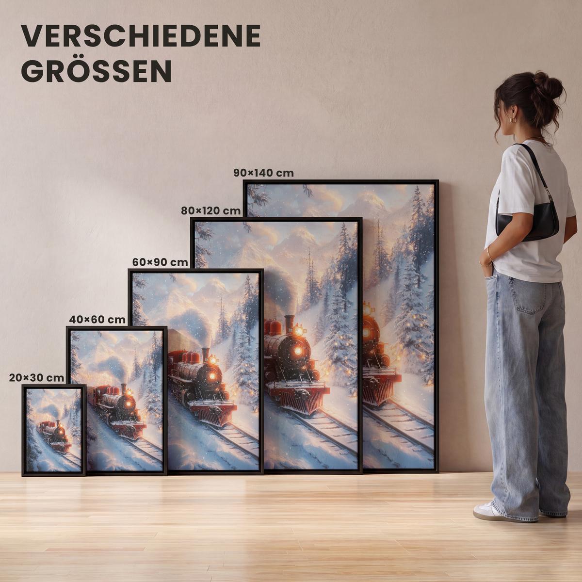 LEINWAND Bilder mit Rahmen - Weihnachtszug - Schnee - Winter - Weihnachten - 40x60 - Dunkelrot, Textil (40/60cm) - MuchoWow