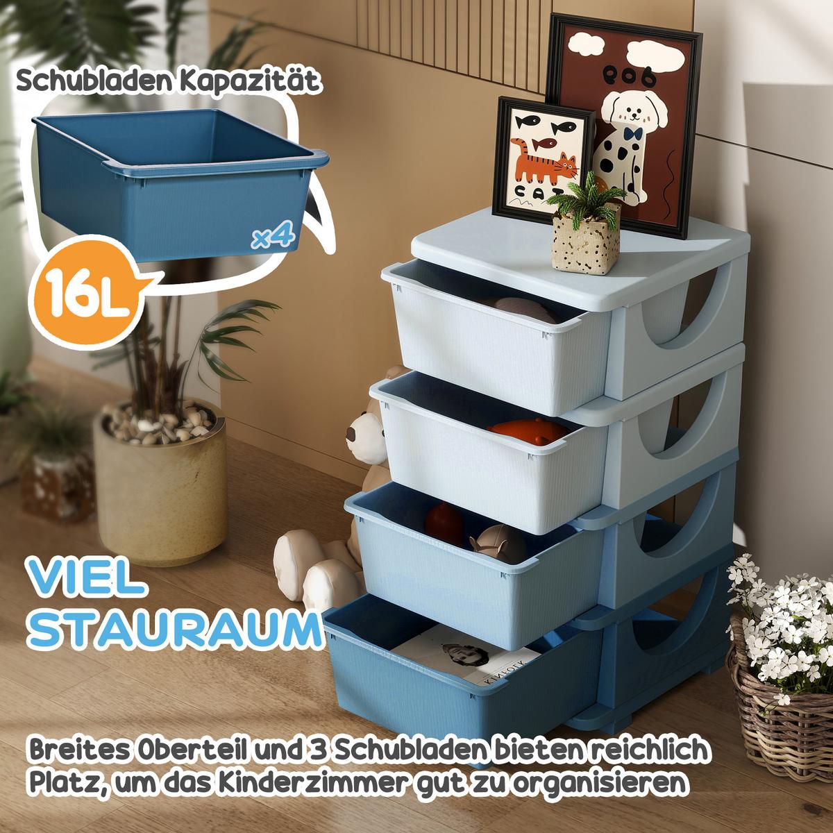 SCHUBLADENSCHRANK für Kinder mit Stauraum Aufbewahrungsboxen vier Ebene - Blau, Kunststoff (37/76/37cm) - HOMCOM