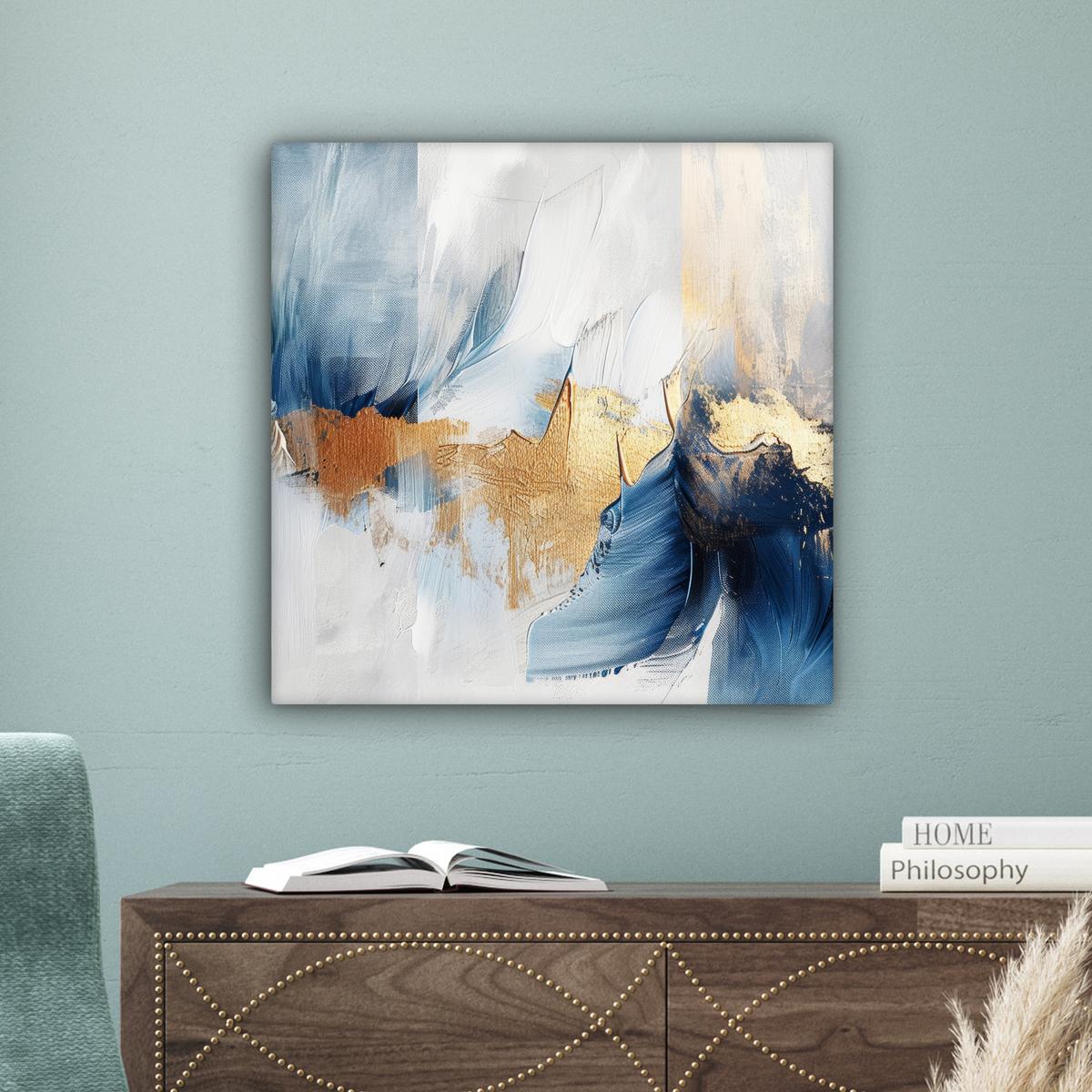 LEINWANDBILD Gold - Blau - Aquarell - Kunst - Modern Wandbild Wohnzimmer 50x50 cm - Hellblau, Textil (50/50cm) - MuchoWow