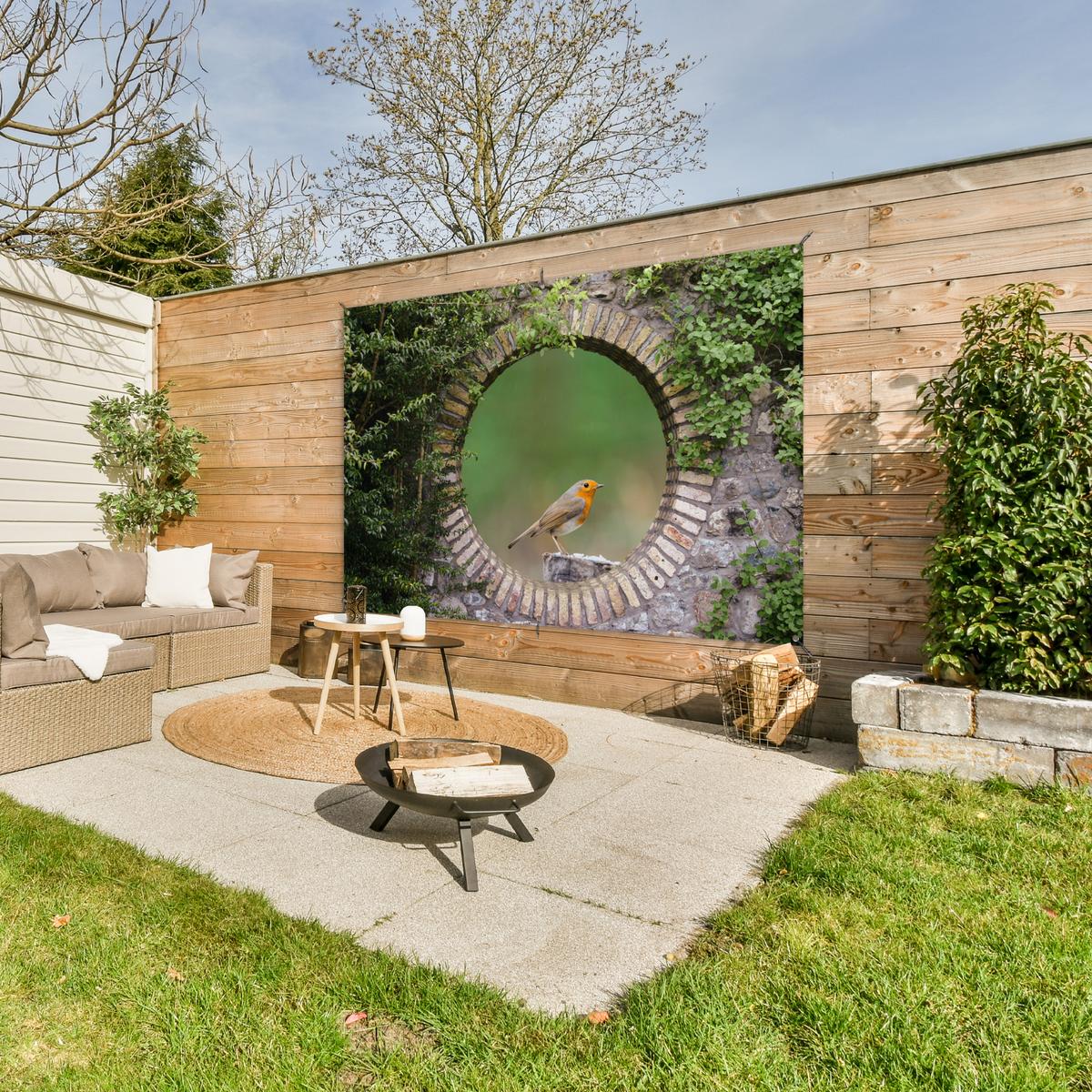GARTENPOSTER Vogel - Durchblick - Rotkehlchen Poster für draußen 180x120 cm - Grün, Kunststoff (180/120/0.2cm) - OnlyWow