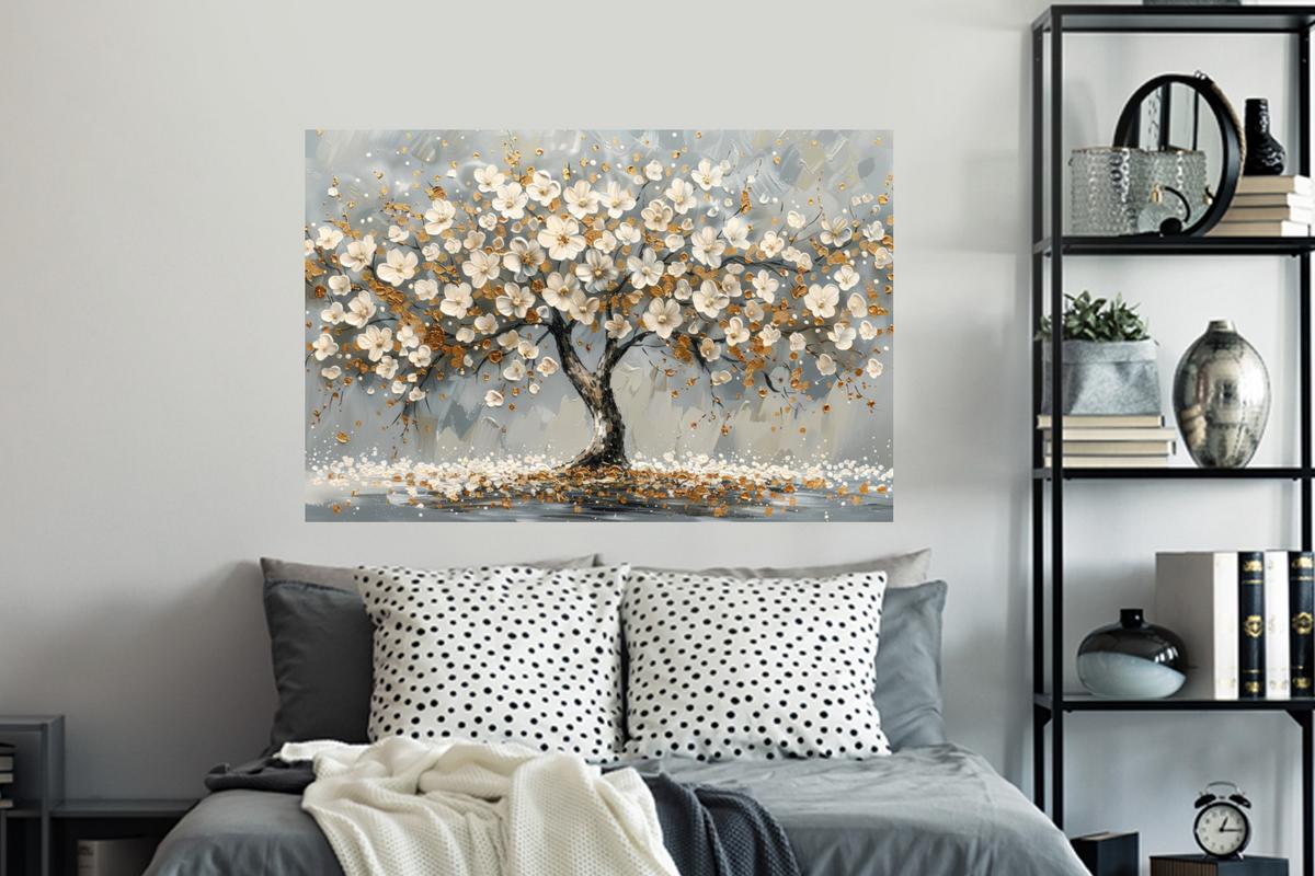 WANDTATTOO Baum - Blumen - Weiß - Natur - Kunst Wandsticker 120x80 cm - Weiß, Kunststoff (120/80/0.1cm) - MuchoWow
