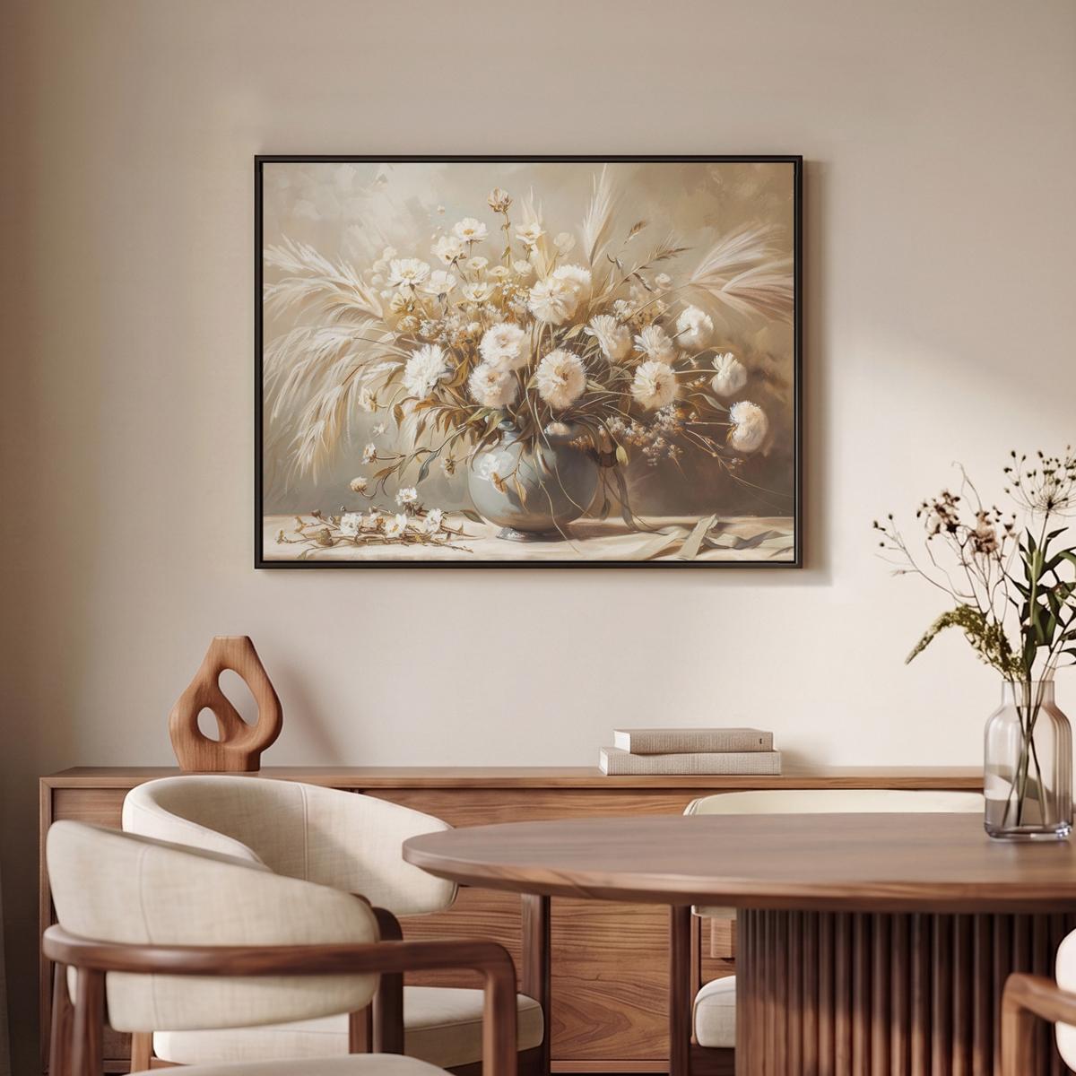 LEINWAND Bilder mit Rahmen - Blumen - Vase - Stilleben - Beige - 70x50 - Creme, Textil (70/50cm) - MuchoWow