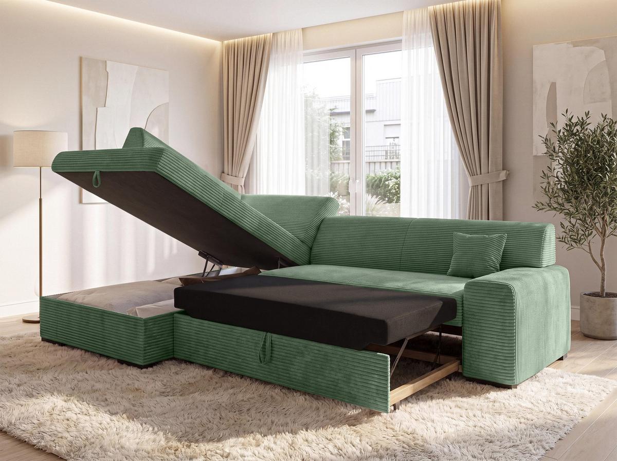 ECKSOFA L Form Minosa Salbeigrün 260/175/71 cm Links mit Schlaffunktion - Salbeigrün/Schwarz, Kunststoff/Textil (260/175cm) - AX Living