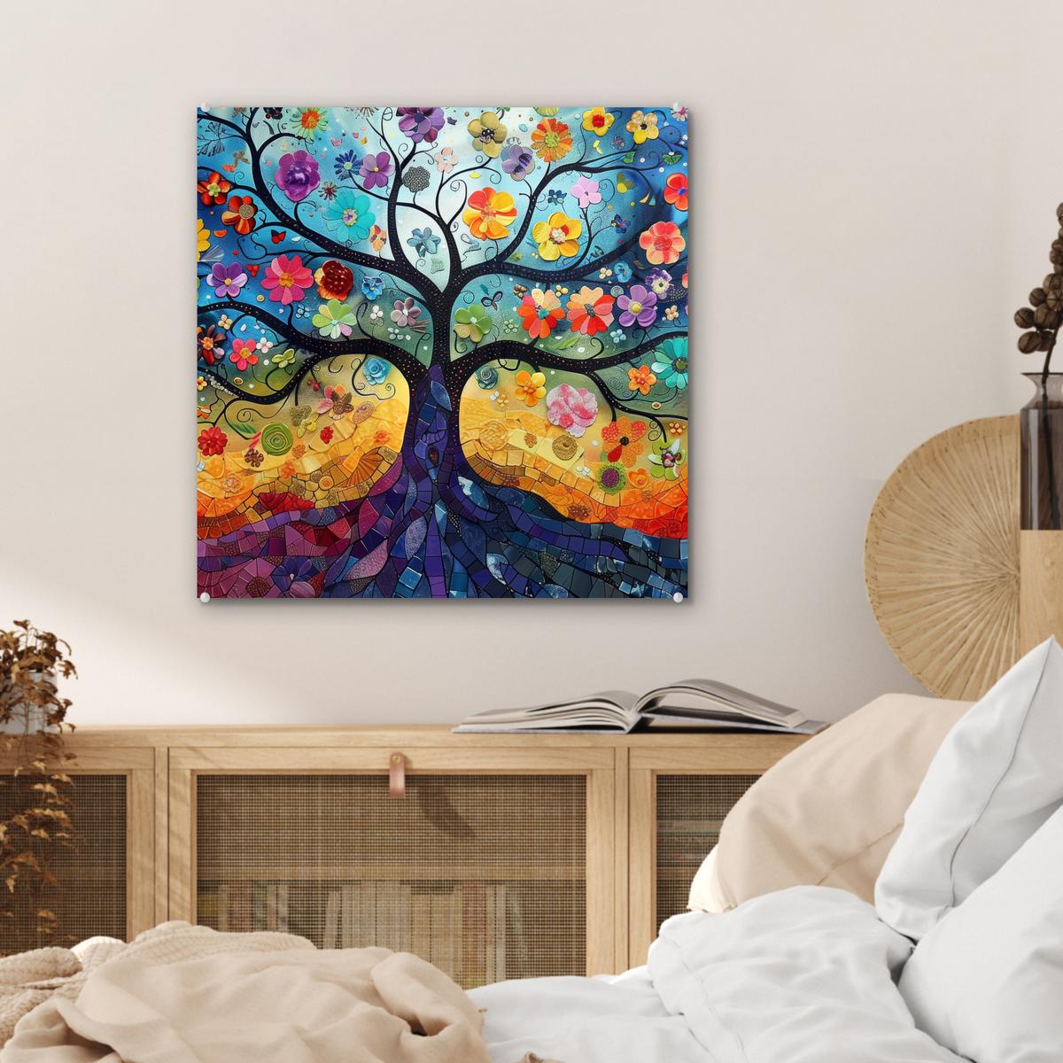 ACRYLGLASBILD Kunst - Baum des Lebens - Blumen - Hippie 50x50 cm - Dunkelblau, Glas (50/50cm) - MuchoWow