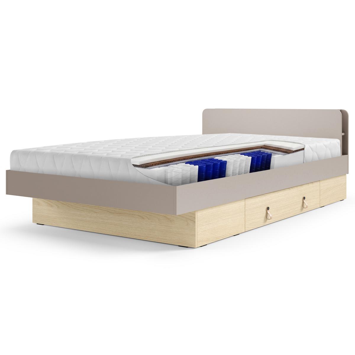 BETT Sorella 120x200 cm mit Lattenrost und Bettkasten-Schublade, mit Matratze 26 cm, Porcini + Eiche Mavelie - Eichefarben/Cappuccino, Leder/Holzwerkstoff (120/200cm) - Beautysofa