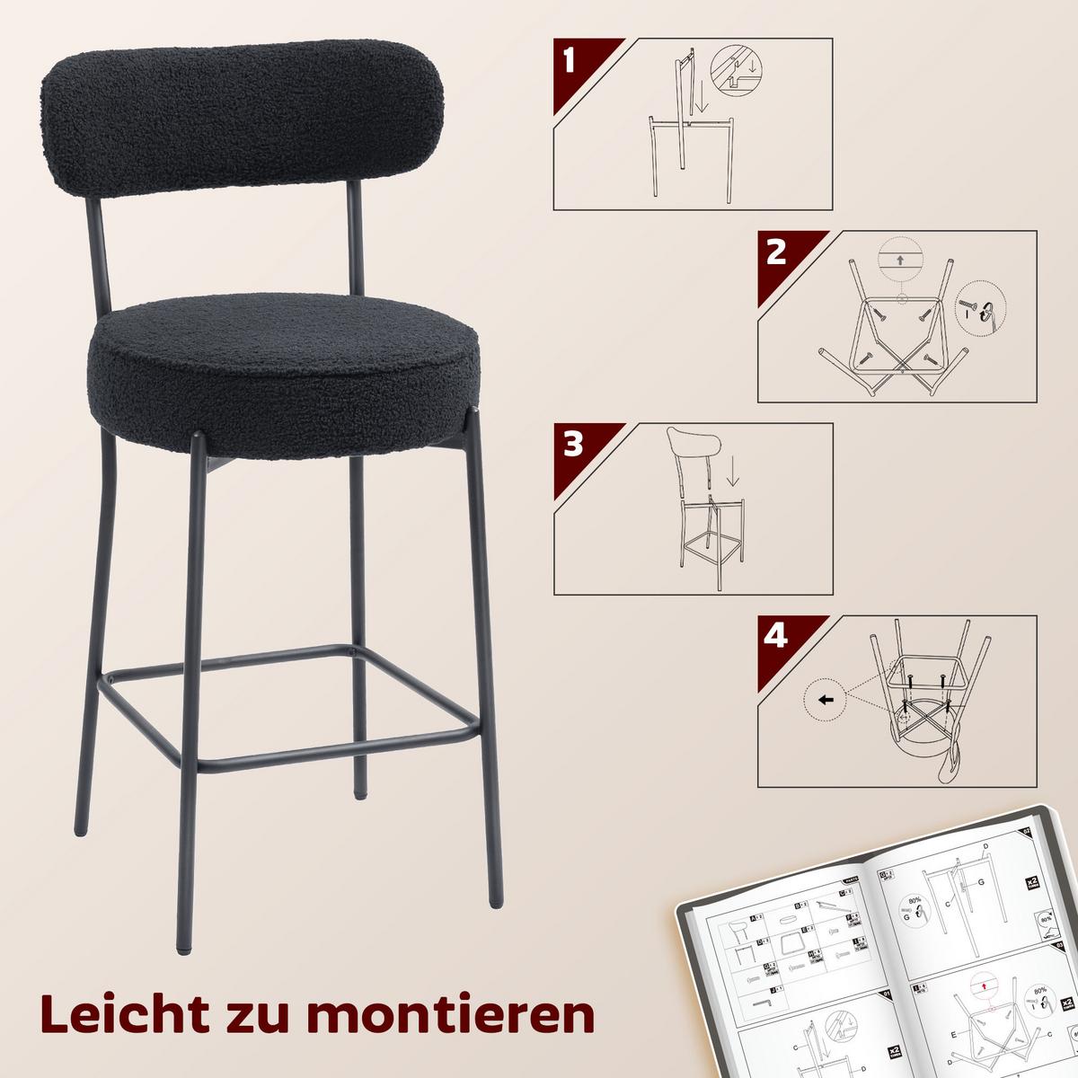 BARHOCKER 2er Set Barstühle mit Fußstütze, Lehne, 68 cm Sitzhöhe Schwarz - Schwarz, Textil (49/95/52cm) - HOMCOM