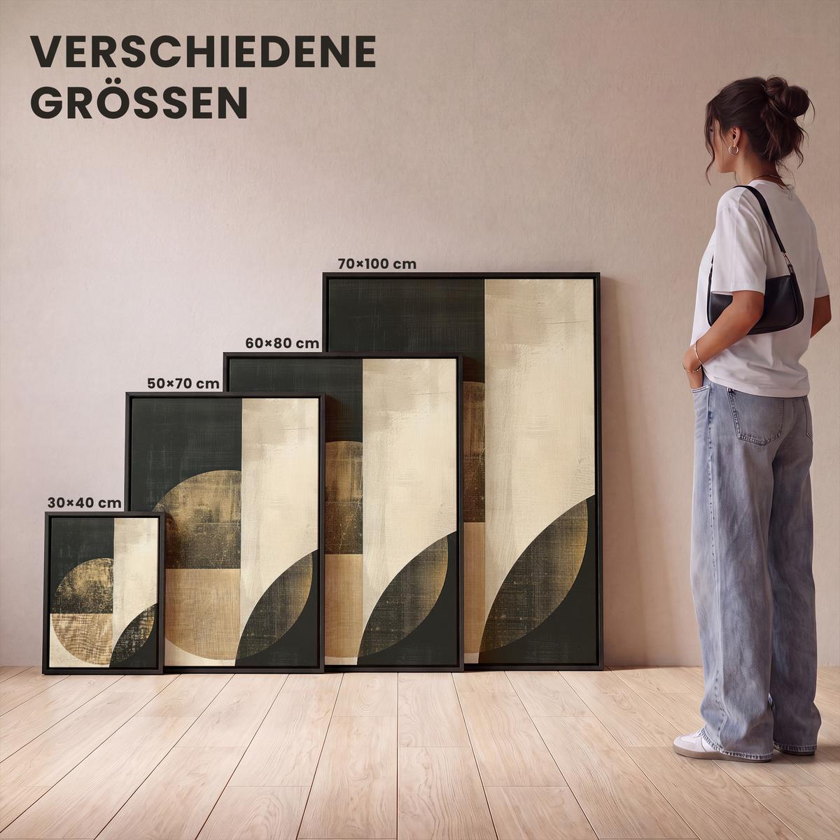 LEINWAND Bilder mit Rahmen - Abstrakt - Geometrische Formen - Schwarz - Gold - 30x40 - Ecru, Textil (30/40cm) - MuchoWow