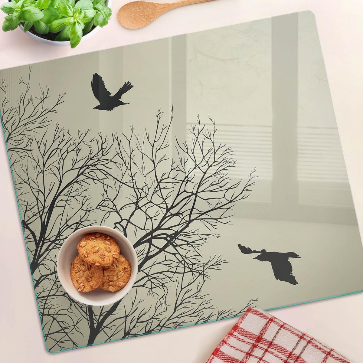 GLASPLATTE 60x52 cm Raben auf einem Baum - Schwarz Hochglanz/Braun, Glas (60/0.4/52cm) - TULUP