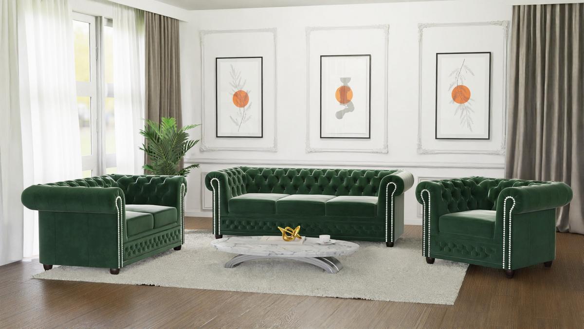 CHESTERFIELD-SOFA 3-Sitzer mit Schlaffunktion Nyx Flasche grün Samt - Smaragdgrün/Braun, Holz/Textil (203/28/86cm) - S-Style Möbel