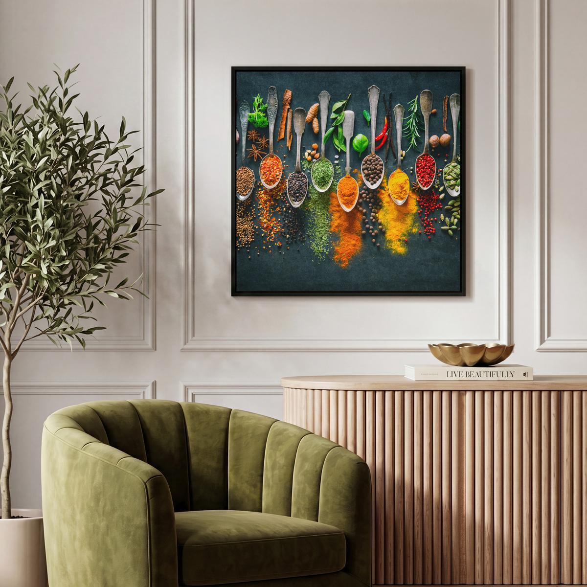 LEINWAND Bilder mit Rahmen - Kräuter - Gewürze - Löffel - 50x50 - Currygelb, Textil (50/50cm) - MuchoWow
