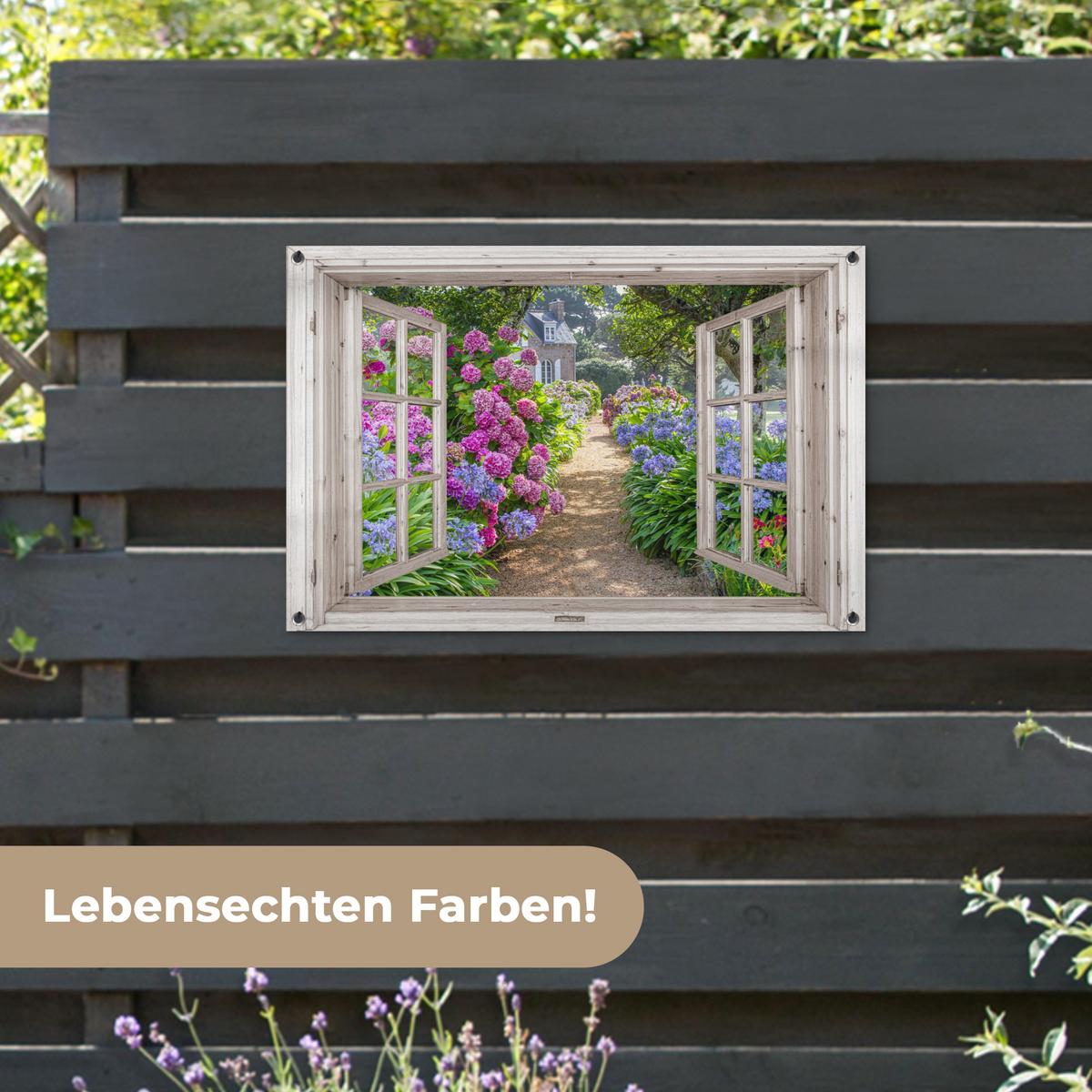 GARTENPOSTER Hortensie - Durchsichtig - Blumen - Sommer - Lila - Weg Gartendeko 90x60 cm - Grün, Kunststoff (90/60/0.2cm) - OnlyWow