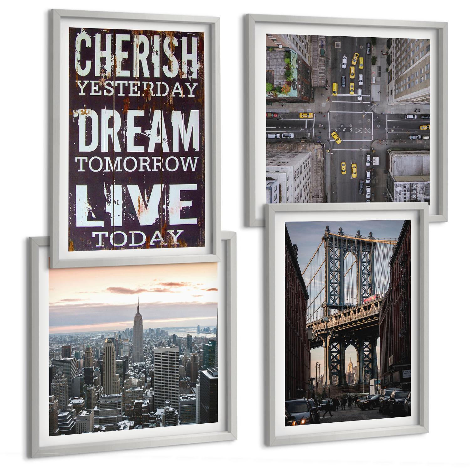 BILDER SET 4er Set - 50x50 cm & 40x60 cm Silberner Rahmen - Zitat über New Yorker Landschaften - Silberfarben, Kunststoff (50/50cm) - TULUP