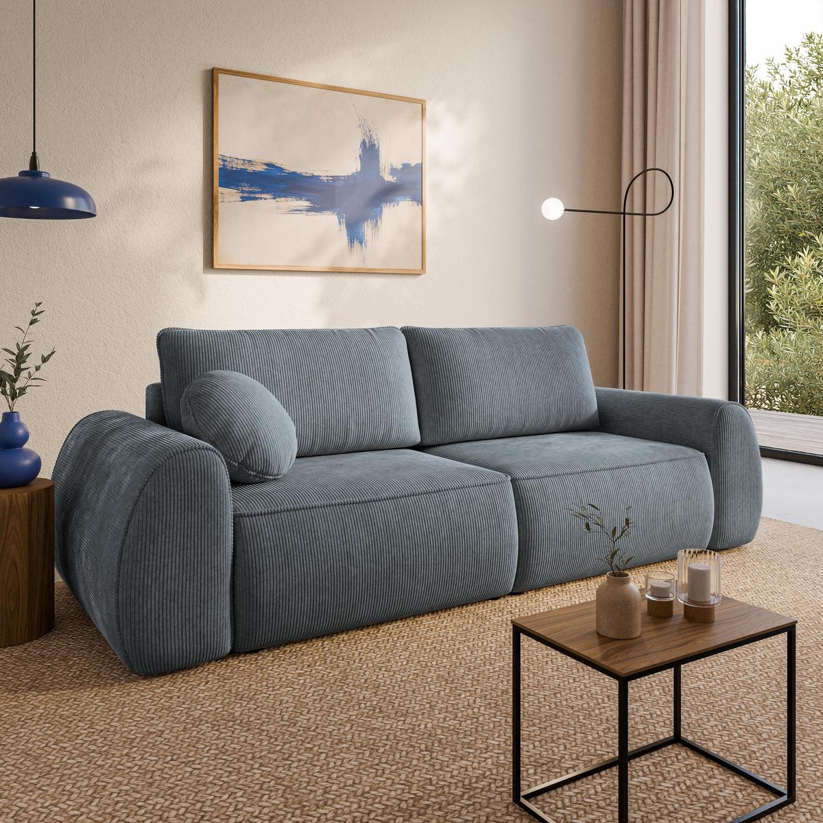 BETTSOFA ZEFEO Grau Kordstoff mit Schlaffunktion - Grau, Textil (264/96/106cm) - MASSENO