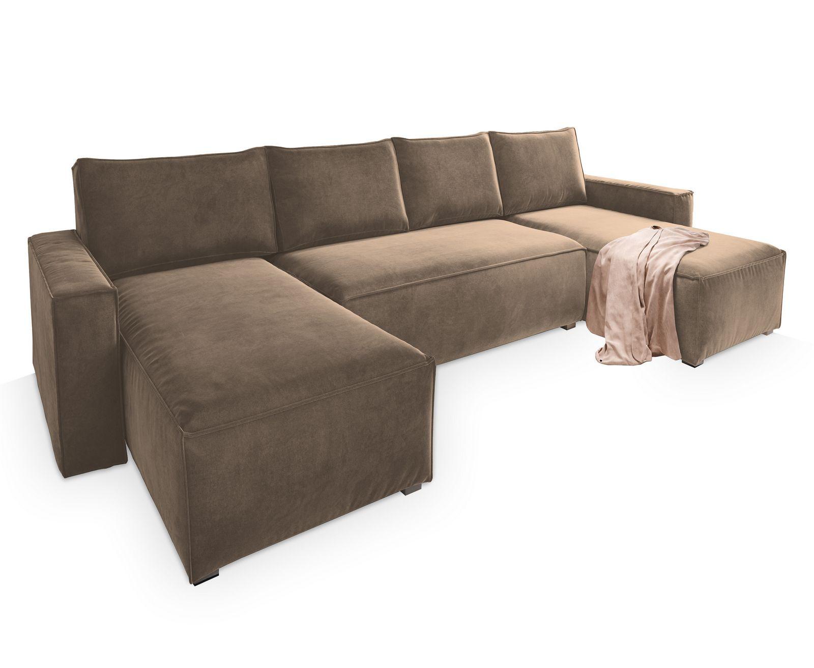 WOHNLANDSCHAFT DENI Beige Velours-Stoff mit Schlaffunktion - Beige/Grau, Holz/Kunststoff (295/85/140cm) - MASSENO