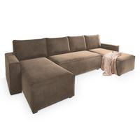 WOHNLANDSCHAFT DENI Beige Velours-Stoff mit Schlaffunktion - Beige/Grau, Holz/Kunststoff (295/85/140cm) - MASSENO