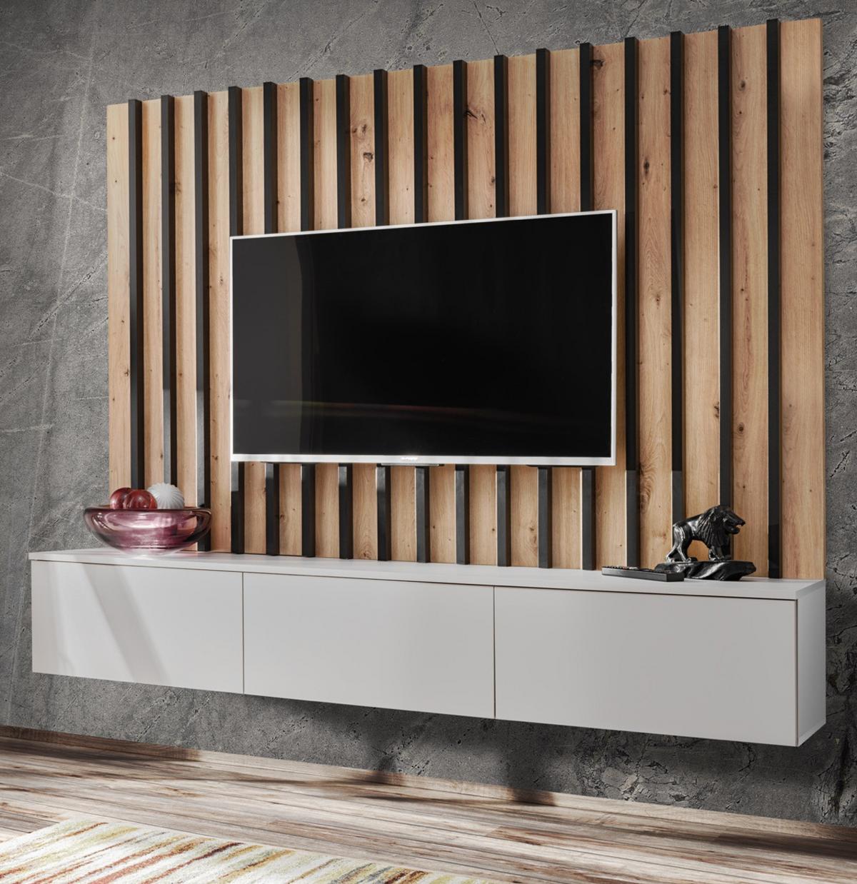 WOHNWAND grau, Artisan Eiche 180 cm, Schrankwand mit Wandpaneel, Push-to-Open - Eiche Artisan/Grau, Holzwerkstoff (180/148/35cm) - Furn.Design