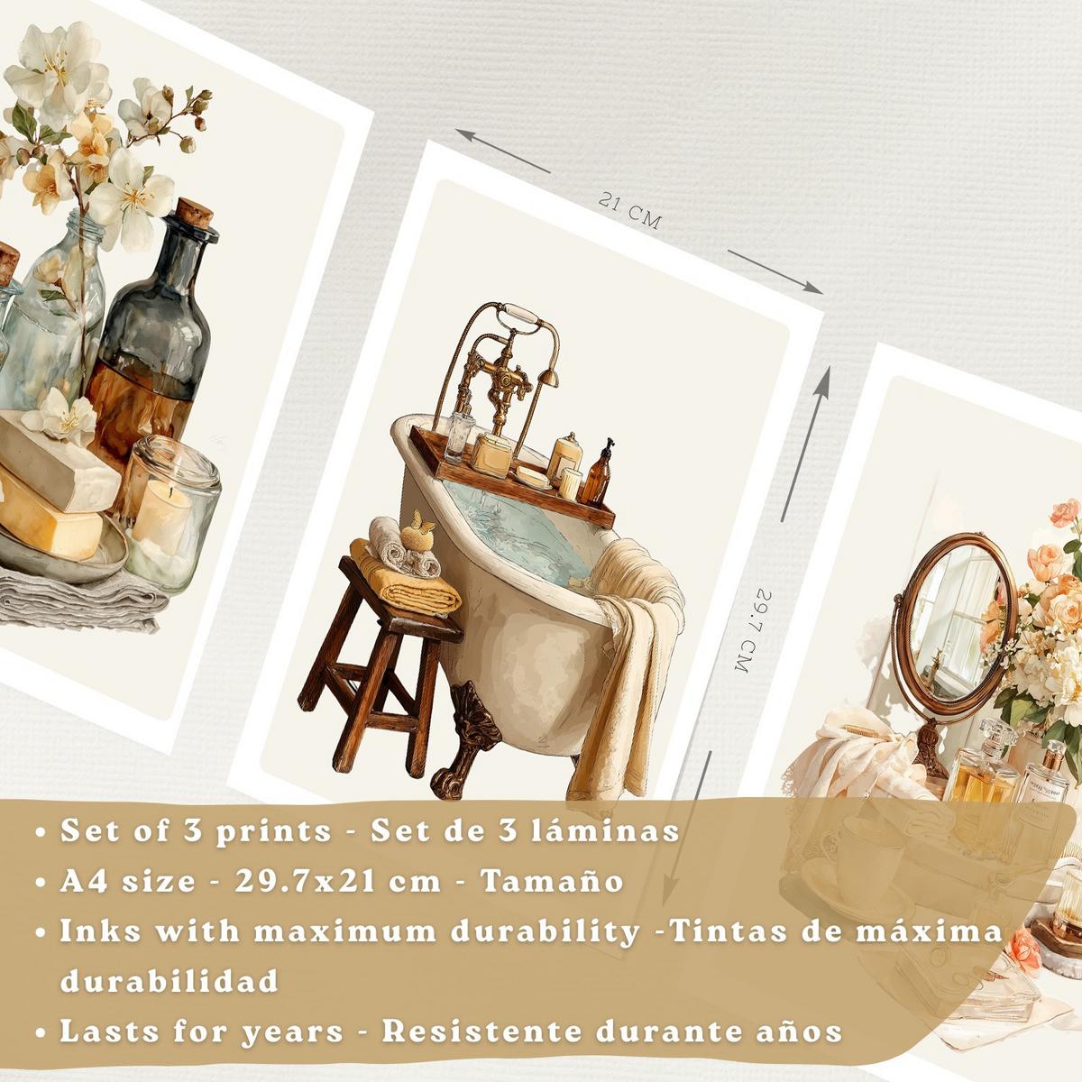 POSTER 3er-Set dekorative Badezimmer-Wandbilder und, Vintage-Stil für Waschbecken, Dusche, WC mit Badewanne, Blumen und Spiegel Schwarzer Rahmen A4 - Schwarz, Papier (29.7/21/3cm) - Nacnic