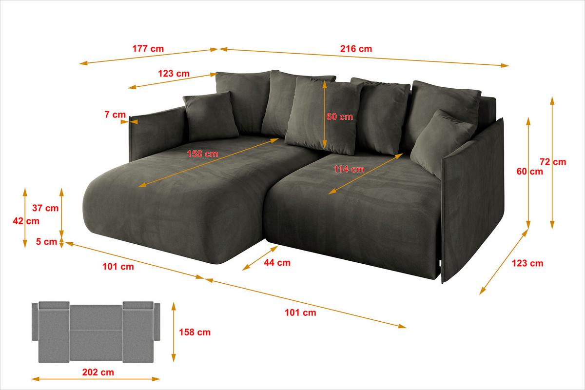 ECKSOFA Ottomane links ONESK-L 216x177x72 Schwarz Velours - Schwarz, Holzwerkstoff/Kunststoff (216/177cm) - ALTDECOR