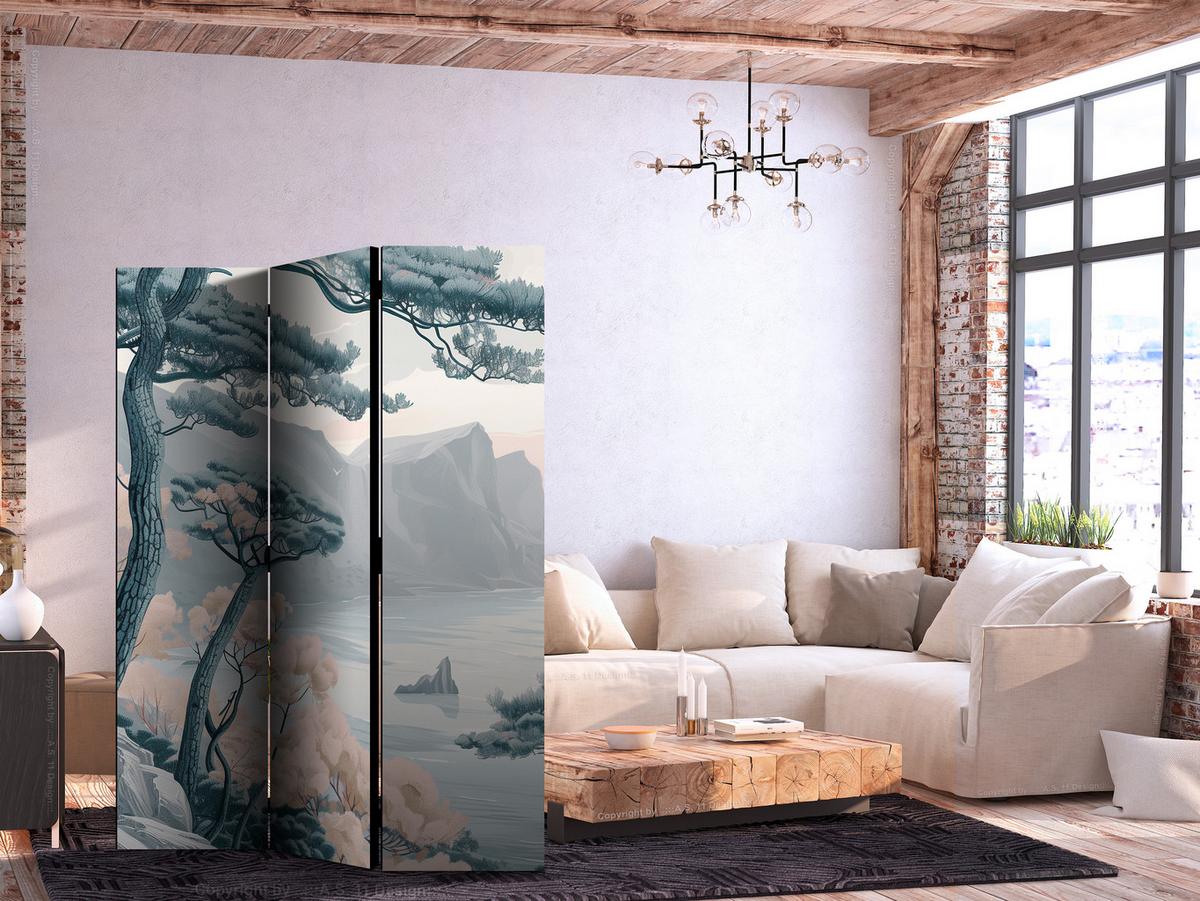 PARAVENT Einseitig Bedruckter 3-tlg 135x172 cm Bergk ste Landschaft - Blau, Holz/Textil (135/172/3cm) - Muralo