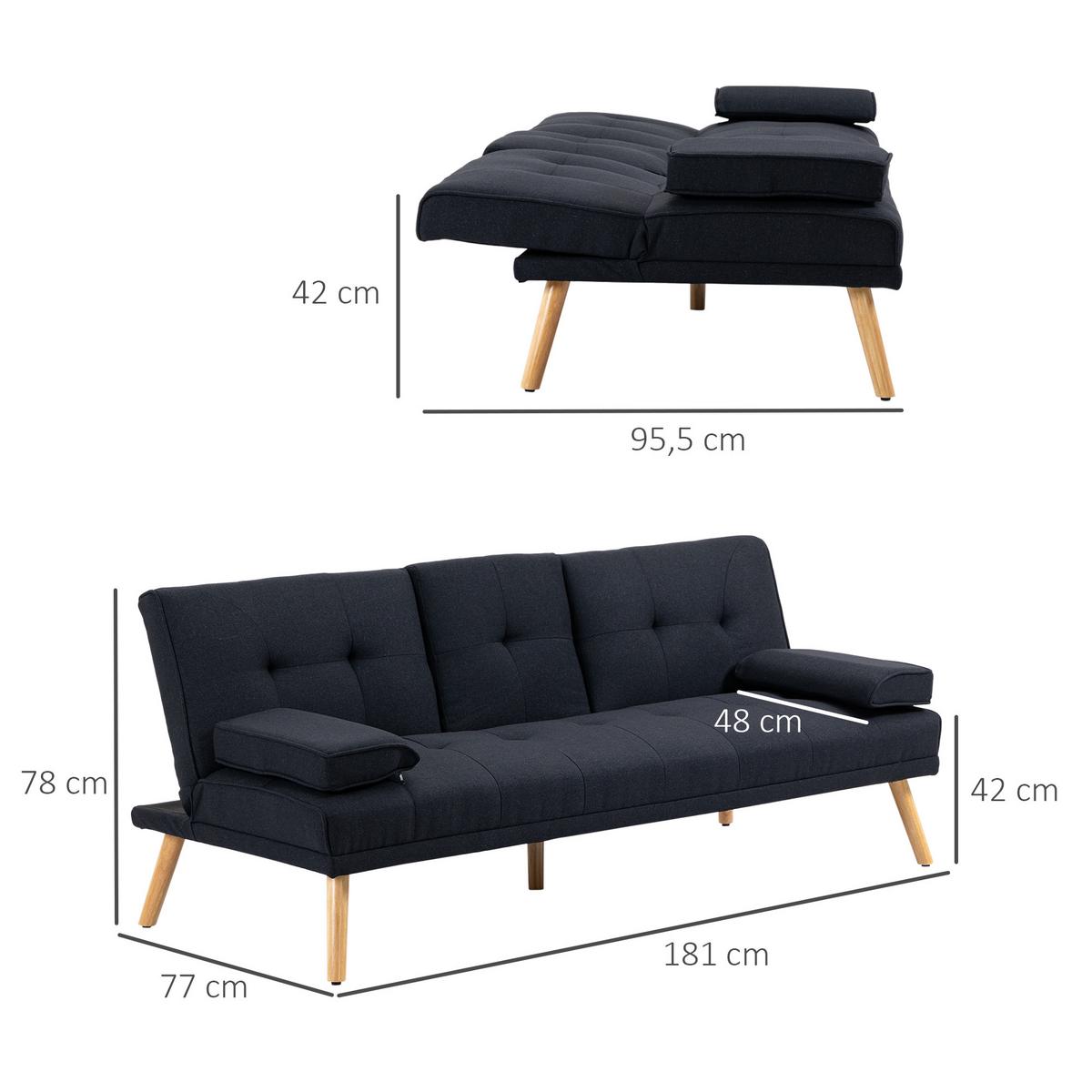 SCHLAFSOFA, 3-Sitzer-Schlafcouch mit Klappbarem Tisch, Becherhalter, Grau - Naturfarben/Grau, Holz/Textil (77/78/181cm) - HOMCOM