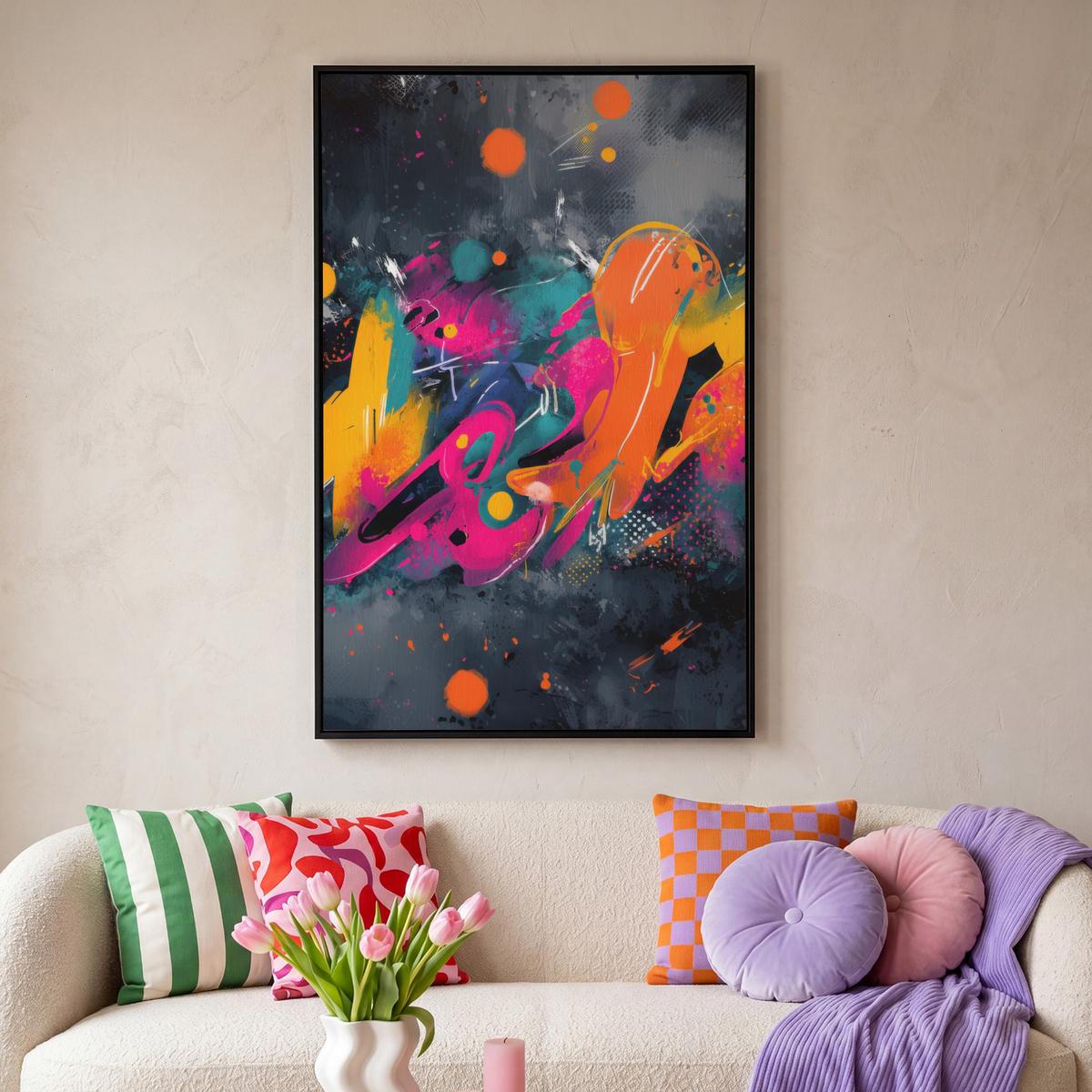 LEINWAND Bilder mit Rahmen - Abstrakt - Graffiti - Farbenfroh - Farbspritzer - 80x120 - Multicolor, Textil (80/120cm) - MuchoWow