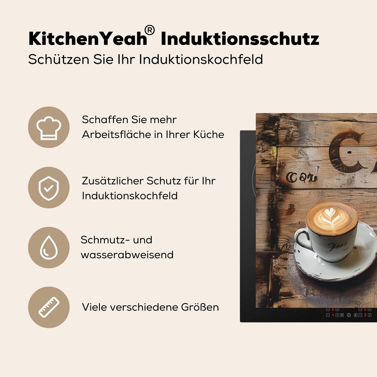 HERDABDECKPLATTE Cafe - Holz - Kaffee - Regale Herdabdeckung Induktionsfeld 70x52 cm - Schwarz, Kunststoff (70/52/0.2cm) - MuchoWow