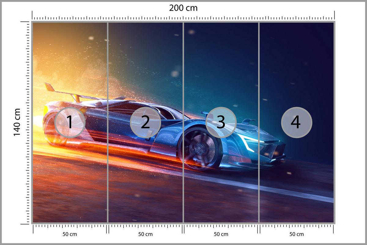 FOTOTAPETE für Jugendzimmer Futuristisches Sportwagen Neon 200x140 - Blau/Gelb, Papier (200/140cm) - Muralo