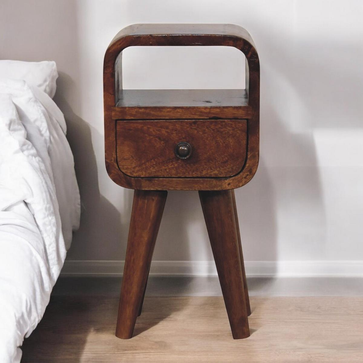 NACHTTISCH Extra Mini Curve mit Offenem Slot, 1 Schublade, Braun - Messingfarben/Braun, Mangoholz/Holz (20/40/20cm) - Artisan Furniture