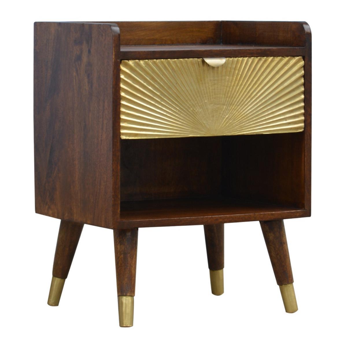 NACHTTISCH aus Massivholz, 1 Schublade, 1 Offenes Fach, Nordische Beine, Braun und Goldfarben - Messingfarben/Braun, Holz/Metall (45/58/35cm) - Artisan Furniture