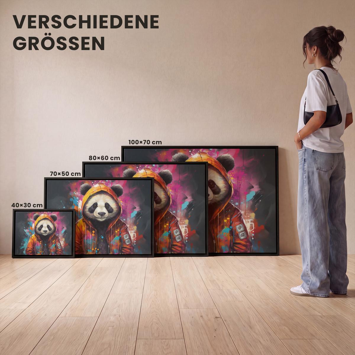 LEINWAND Bilder mit Rahmen - Panda - Jacke - Graffiti - Orange - 80x60 - Orange, Textil (80/60cm) - MuchoWow