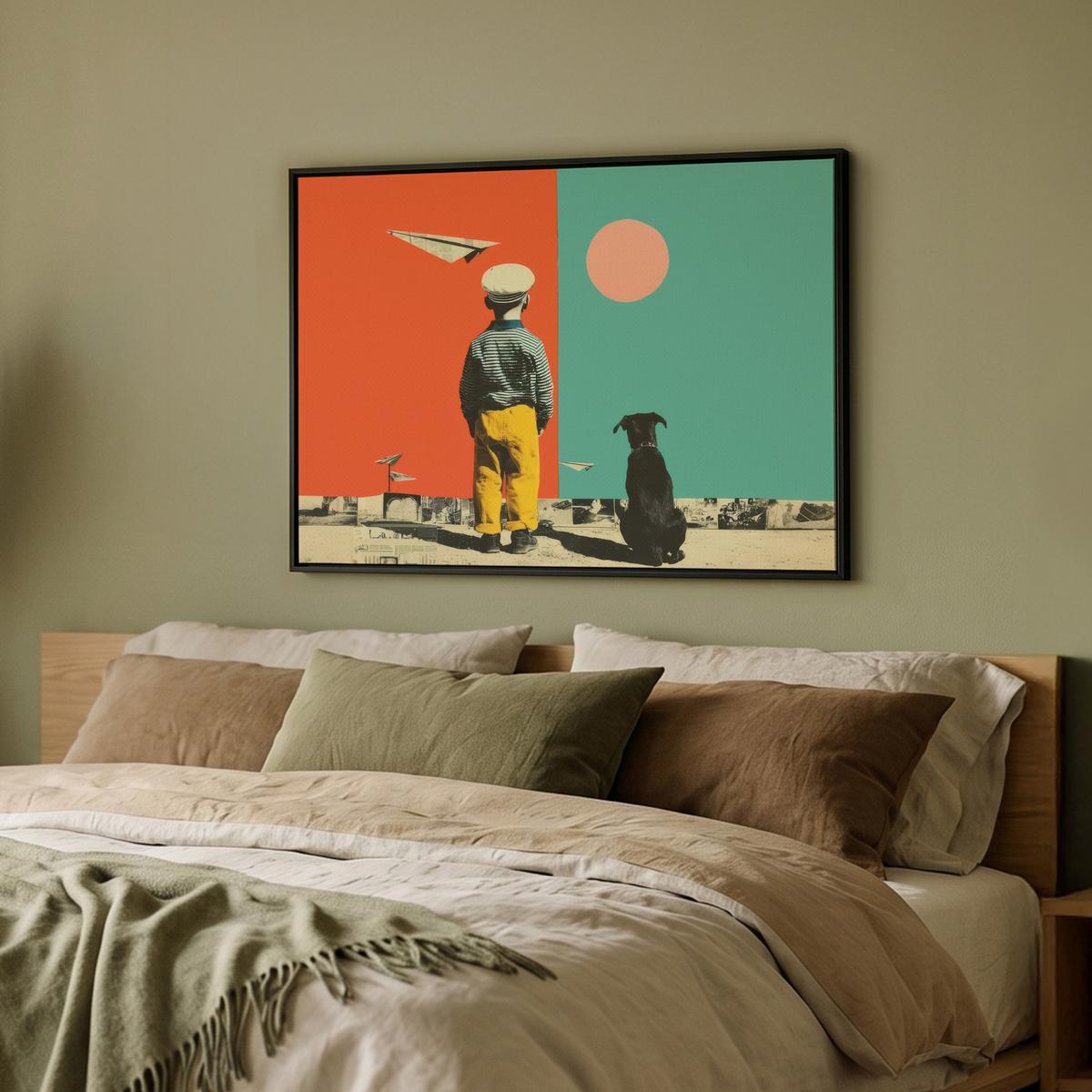 LEINWAND Bilder mit Rahmen - Retro - Junge - Hund - Rot - Grün - 80x60 - Orange, Textil (80/60cm) - MuchoWow