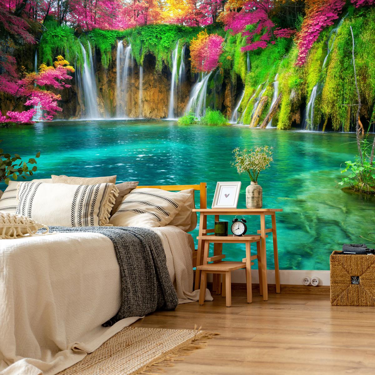 FOTOTAPETE für Küche Exotischer Wasserfall Bäume Pflanzen Tropisch 300x210 - Türkis/Violett, Papier (300/210cm) - Muralo