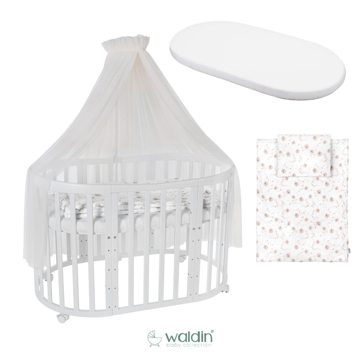 BABYBETT WHITE OVAL 7in1 mit Matratze und Himmelset - Champagner/Weiß, Holz/Textil (73/125cm) - waldin