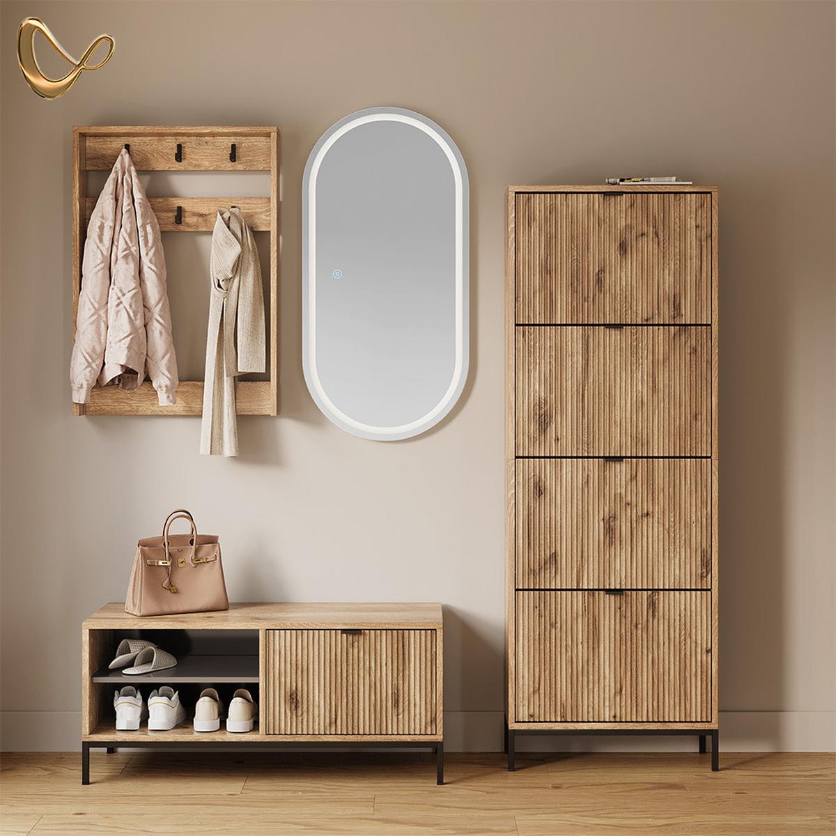SCHUHKIPPER Aterno Viking Oak 60 x 168 cm mit 4 Klappschubladen - Eichefarben, Holzwerkstoff (60/168/24cm) - Livinity®