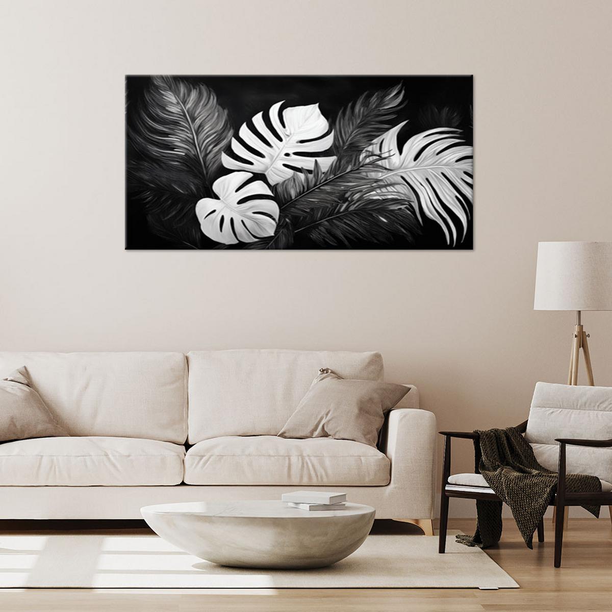 WANDBILD monstera blätter schwarz und weiß - Schwarz, Textil (80/40cm) - Feeby