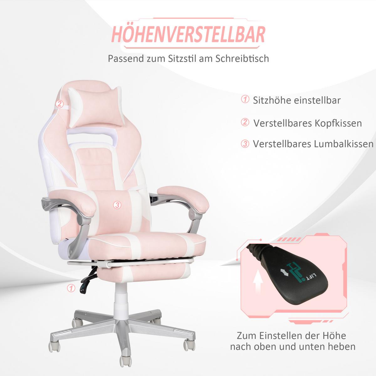 GAMINGSTUHL mit Fußstütze, Kopf- & Lendenkissen, drehbar, höhenverstellbar, Rosa - Rosa, Leder (63/123/63cm) - HOMCOM