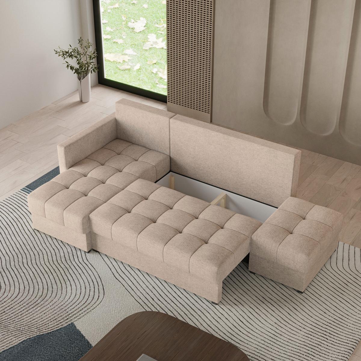 ECKSOFA LUMARI L-S Beige Plüsch-Stoff mit Schlaffunktion - Beige, Holz (262/143cm) - MASSENO