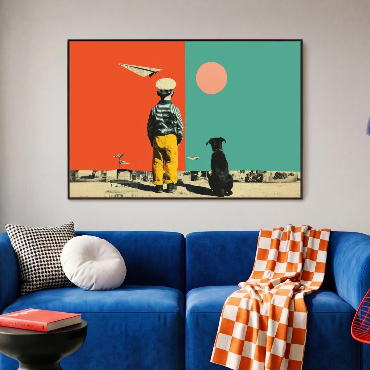 LEINWAND Bilder mit Rahmen - Retro - Junge - Hund - Rot - Grün - 90x60 - Orange, Textil (90/60cm) - MuchoWow